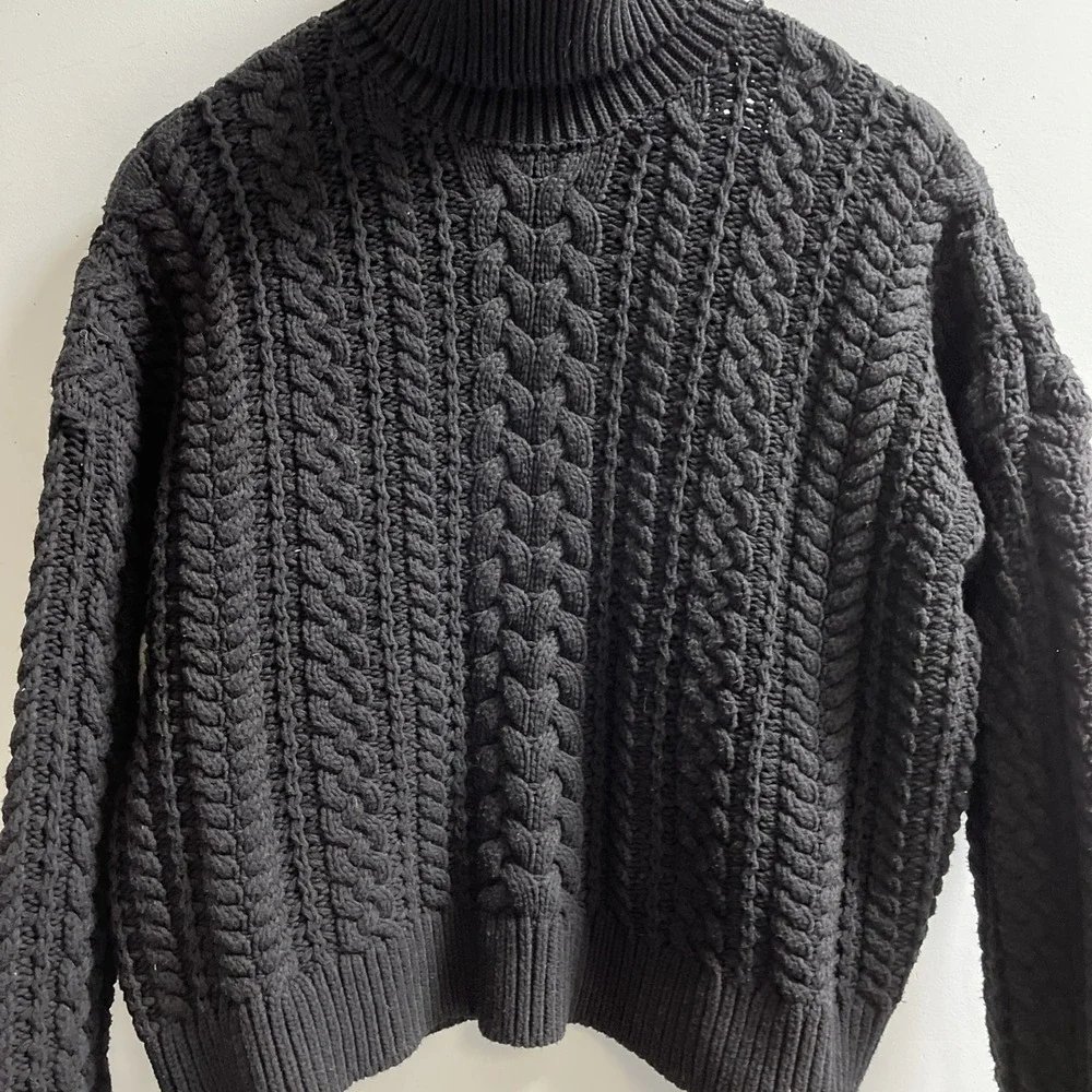 Lauren‎ Ralph Lauren Sweater Black Heavy Cable Knit Turtleneck Size L Old Money